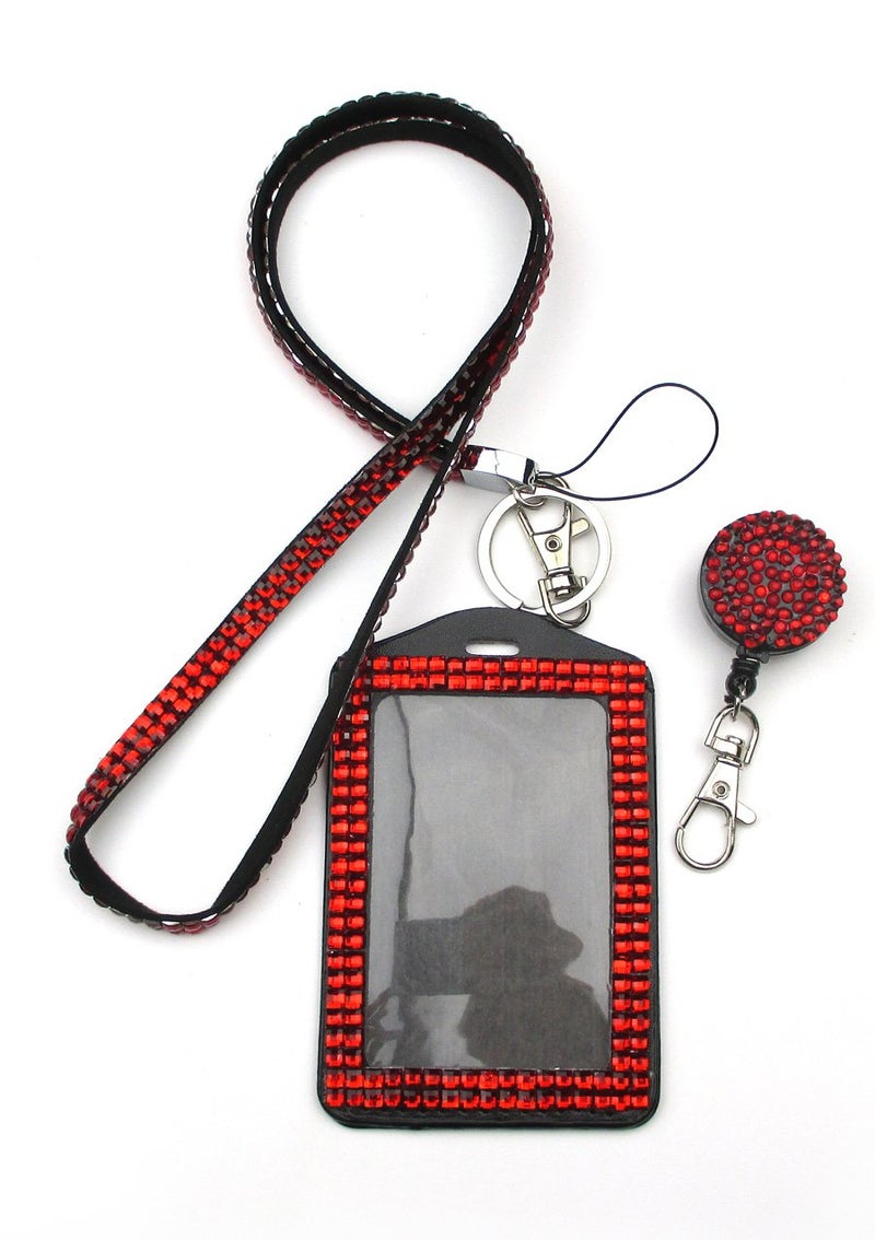 ALL in ONE Rhinestone Lanyard Bling Crystal Necklace + Badge Reel + Card Holder for Business Id/Key (RED) - Image 1
